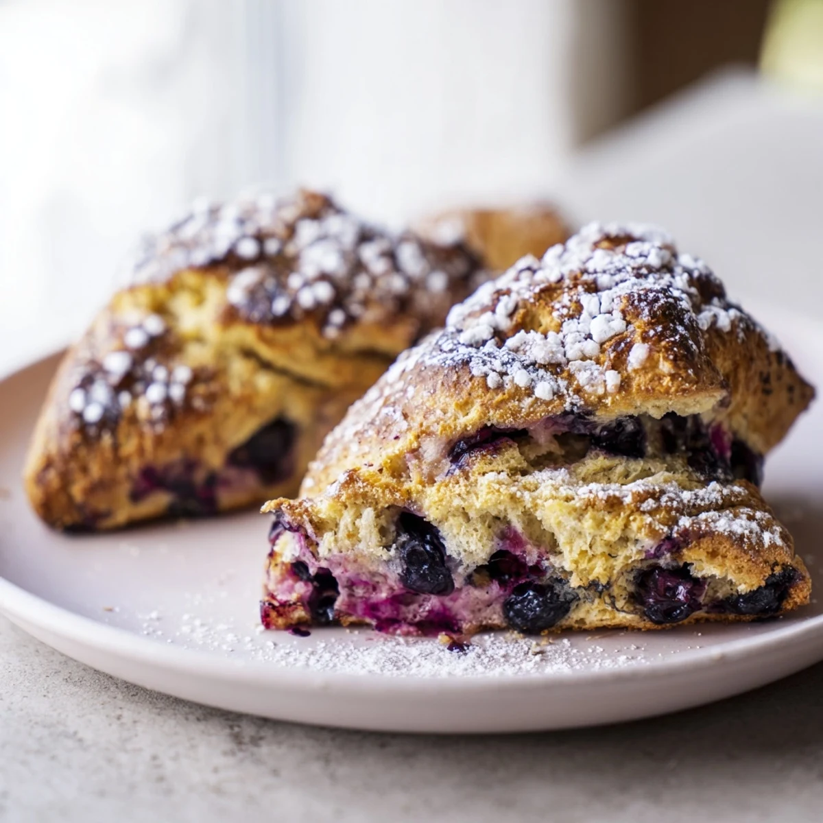 Warm and golden Rustic Birch-Warm Blueberry Scones, studded with bursting, juicy blueberries just out of the oven.