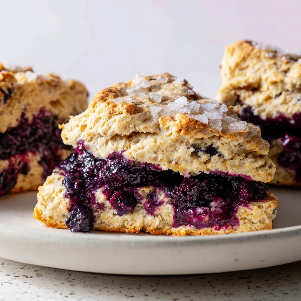 A close-up of fluffy Rustic Birch-Warm Blueberry Scones, showing their delicate, crumbly texture and sugared tops.