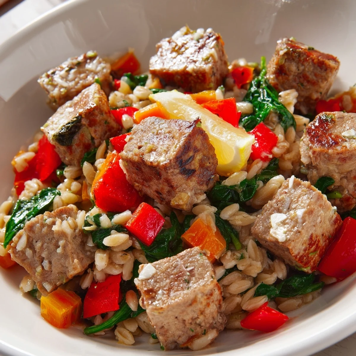 Sizzling Smoky Mediterranean Lamb and Orzo Supper with tender lamb and feta cheese crumbles.