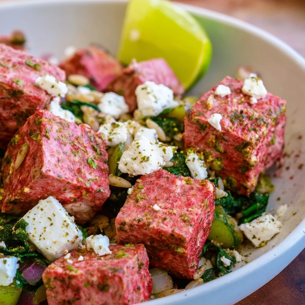 Enjoy a steaming bowl of Smoky Mediterranean Lamb and Orzo Supper, ready for serving with fresh parsley.