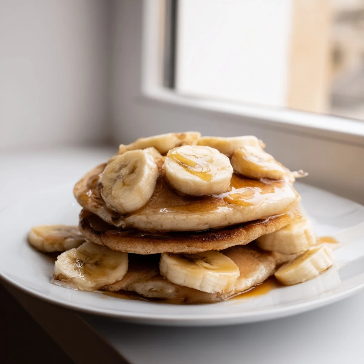 Golden-brunch banana pancakes, stacked high, drizzled with warm maple syrup, perfect for a cozy weekend.