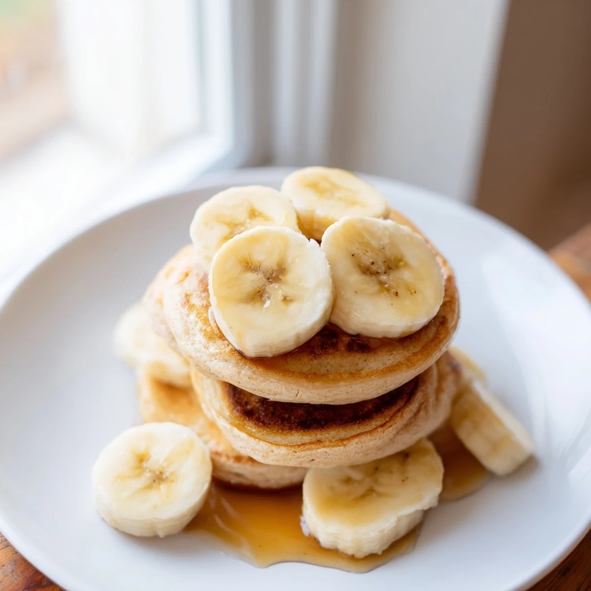 Enjoy a stack of these sweet golden-brunch banana pancakes, served with ripe bananas and maple syrup.