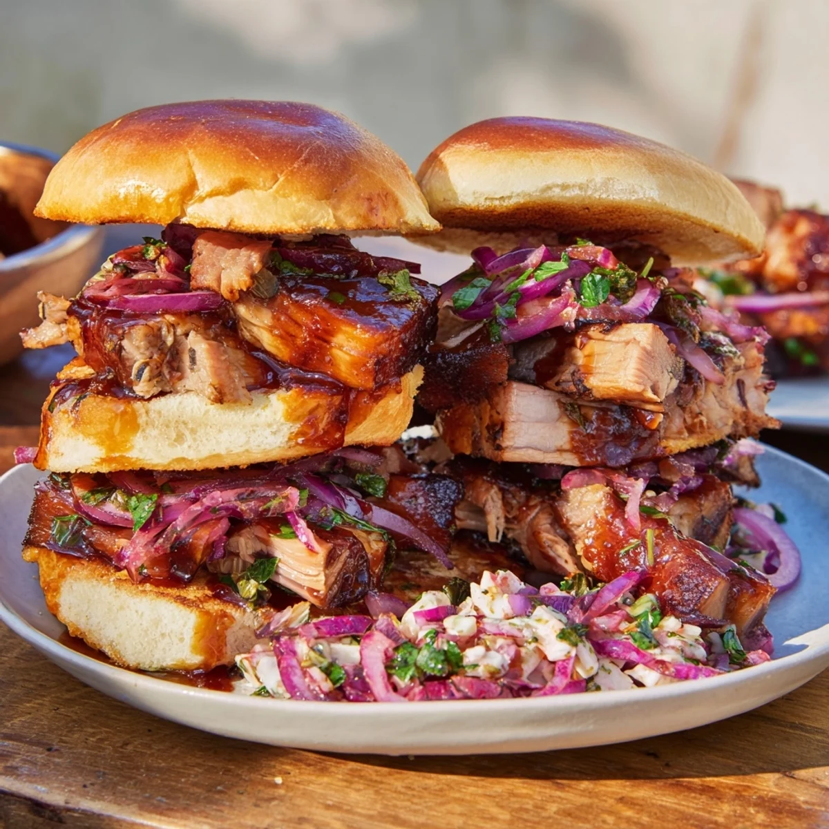 Golden-brown toasted buns overflowing with tender, fire-kissed BBQ Pulled Pork Sandwiches, ready for a hearty meal.
