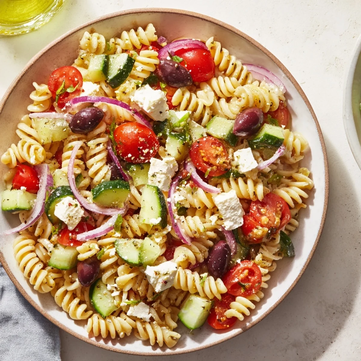 Vibrant Mediterranean Olive Oil and Feta Pasta Salad, ready to enjoy at a summer picnic: creamy feta and fresh veggies.