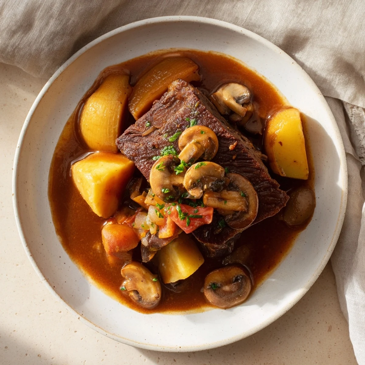 A steaming bowl of earthy beef stew with crusty bread, a comforting meal.