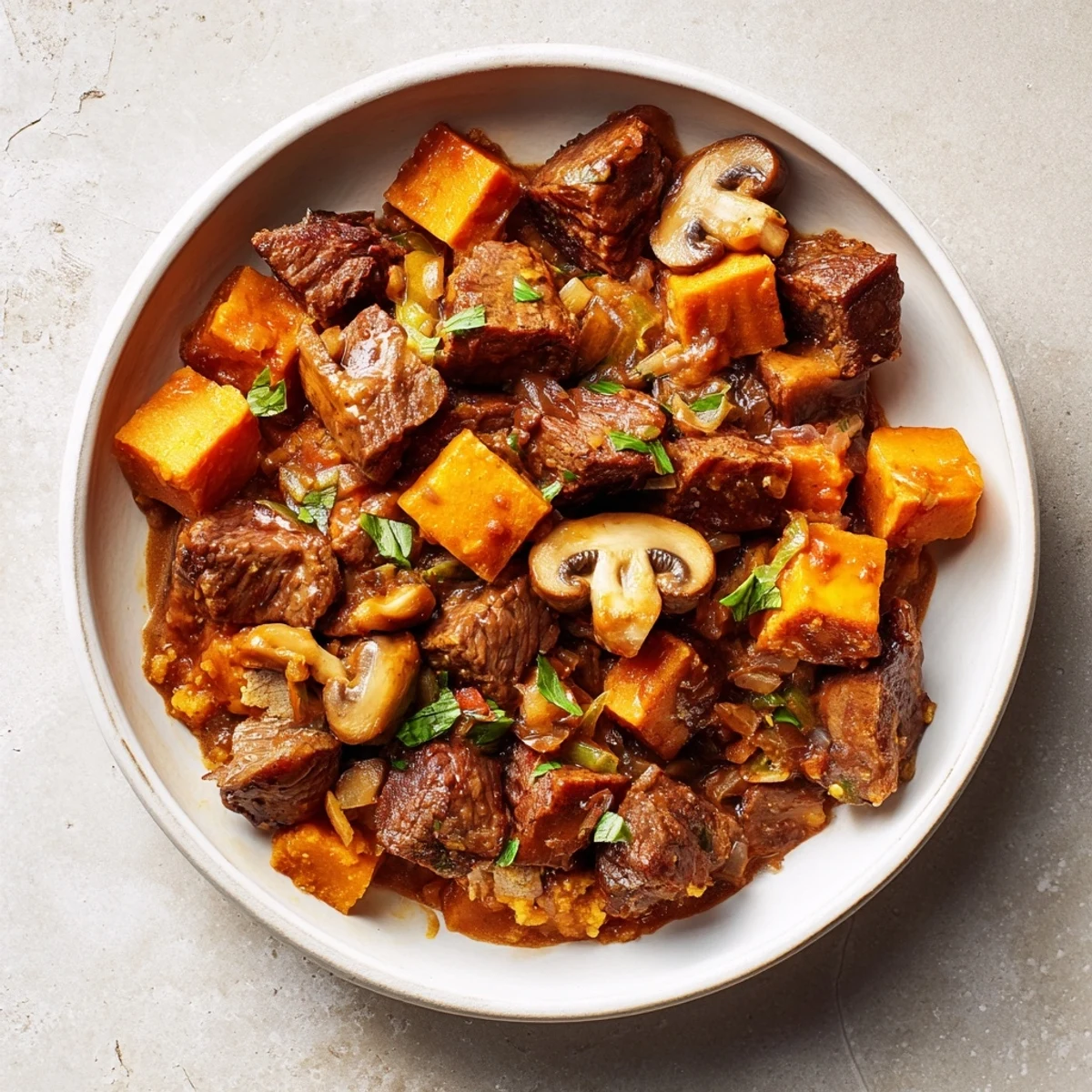 Hearty earthy beef stew with vegetables, perfect with a slice of golden homemade bread.