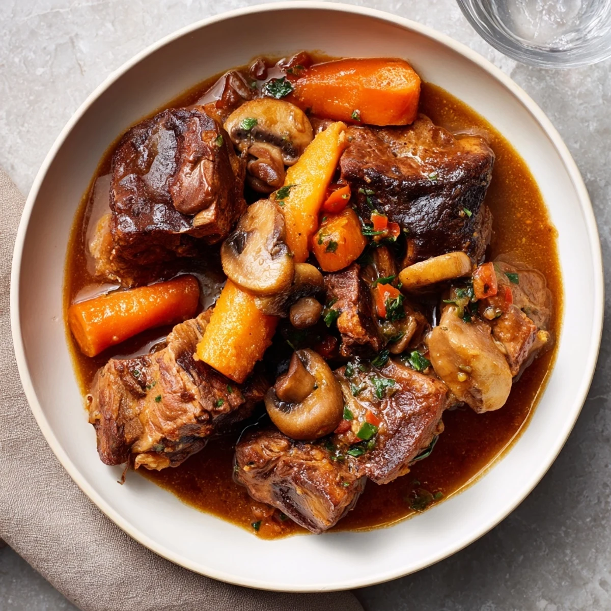 Golden crusty bread next to a rich, warm serving of savory earthy beef stew.