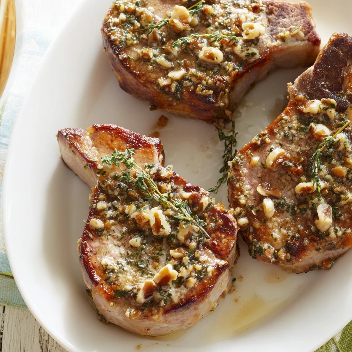 Golden-brown thyme and pecan crusted pork tenderloin, ready to slice, promising a flavorful, juicy bite.