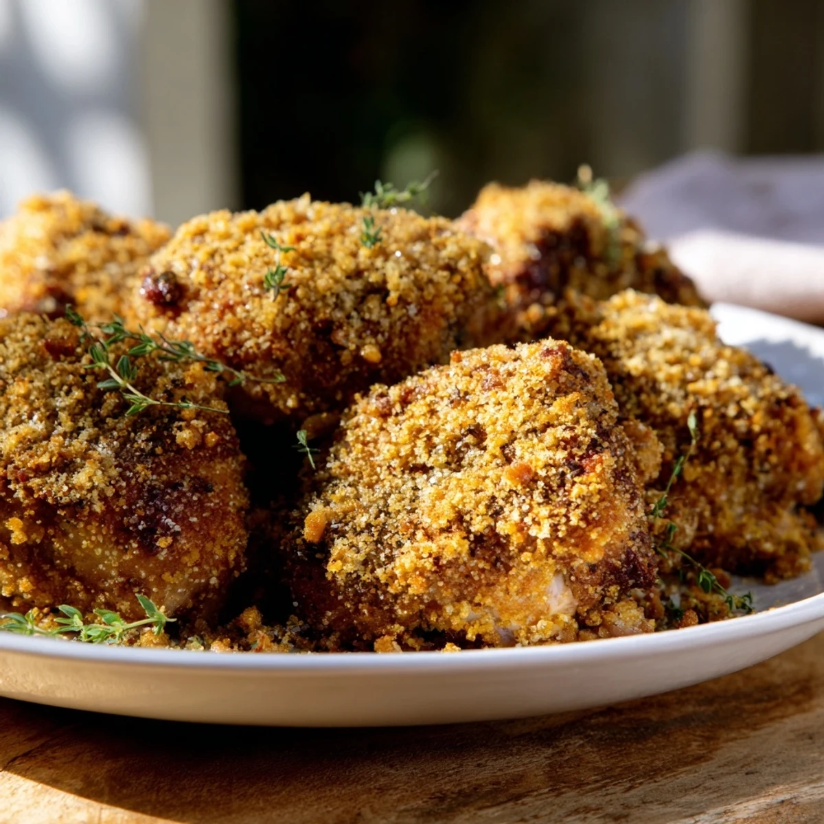 Thyme and pecan crusted pork tenderloin, sliced and served, showing a golden, crispy crust and tender center.