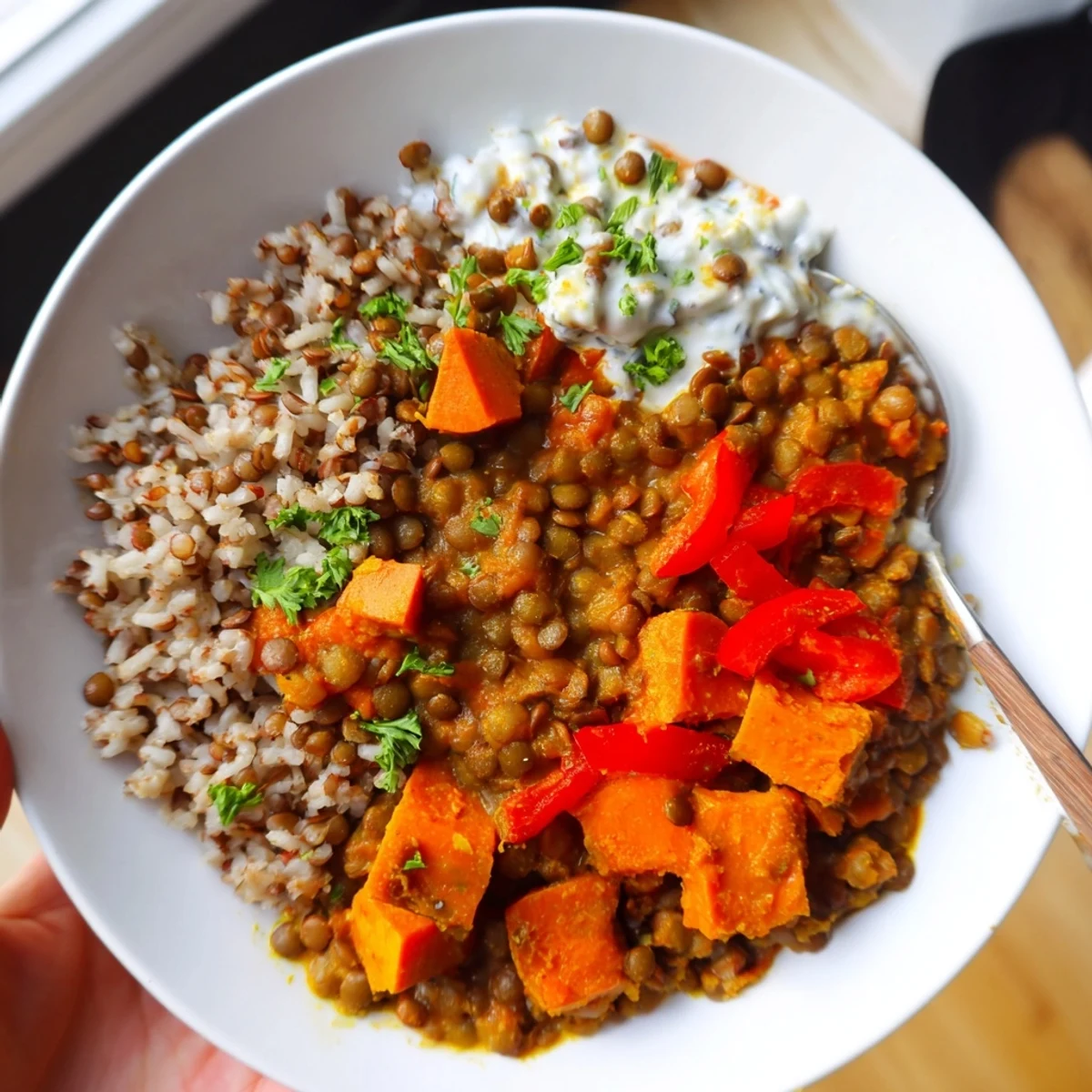 A steaming bowl of Wheat-Warm Hearty Lentil Curry, a flavorful vegetarian main course.
