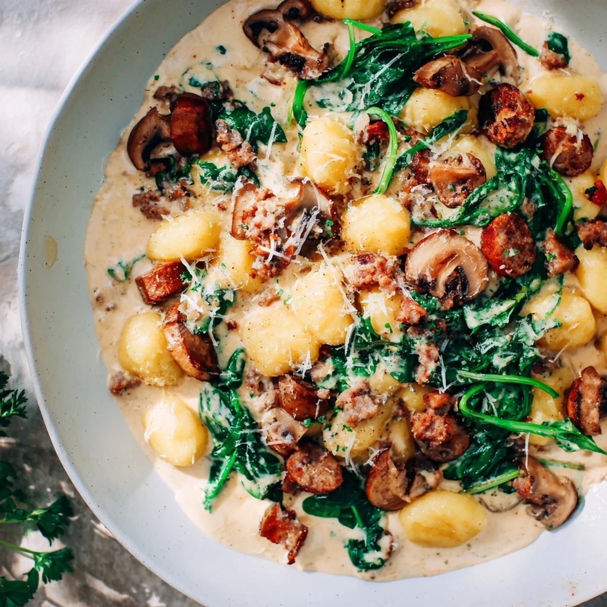 Creamy Woodsy Skillet Sausage and Mushroom Gnocchi, glistening with Parmesan, is a hearty, flavorful dinner.