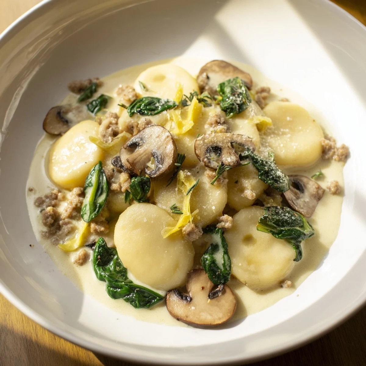 Enjoy a close-up of this skillet of golden Woodsy Mushroom and Sausage Gnocchi, ready for serving with fresh spinach.