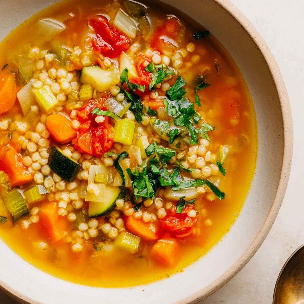 Steaming bowl of Simple Homemade Grain and Vegetable Soup, brimming with colorful vegetables and herbs.