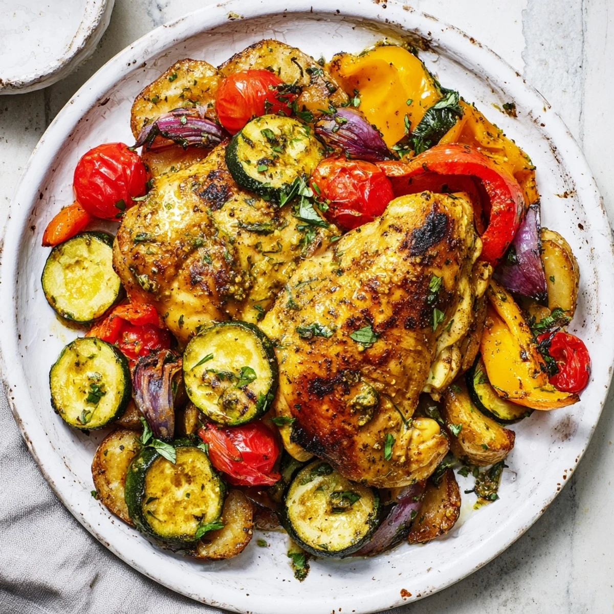 Golden-brown Basil-Soft Chicken and Veggie Sheet Pan Dinner, a one-pan meal with colorful red and yellow bell peppers.