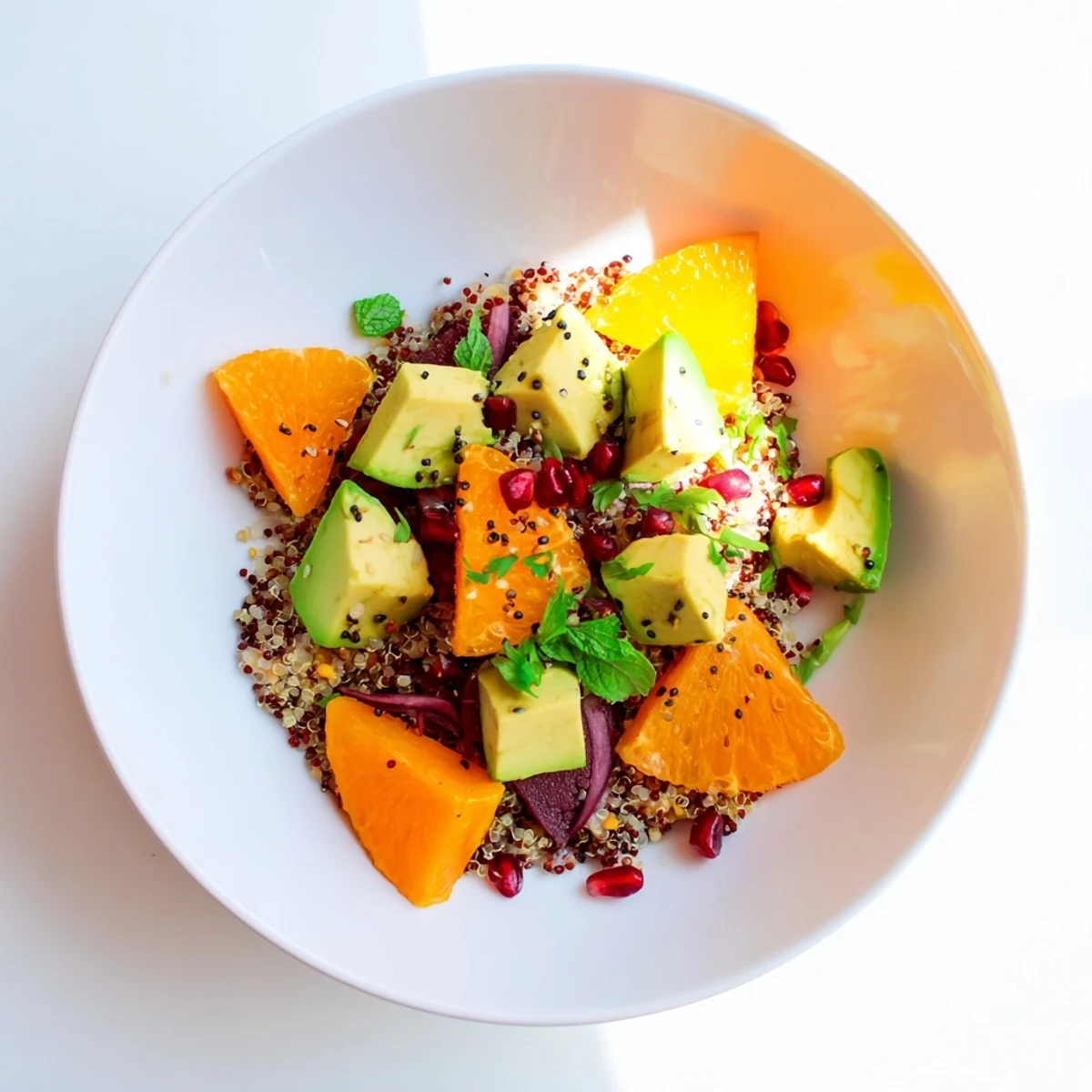 Fresh Citrus & Avocado Quinoa Bowl: a colorful view of quinoa, citrus segments, and creamy avocado, ready to serve.