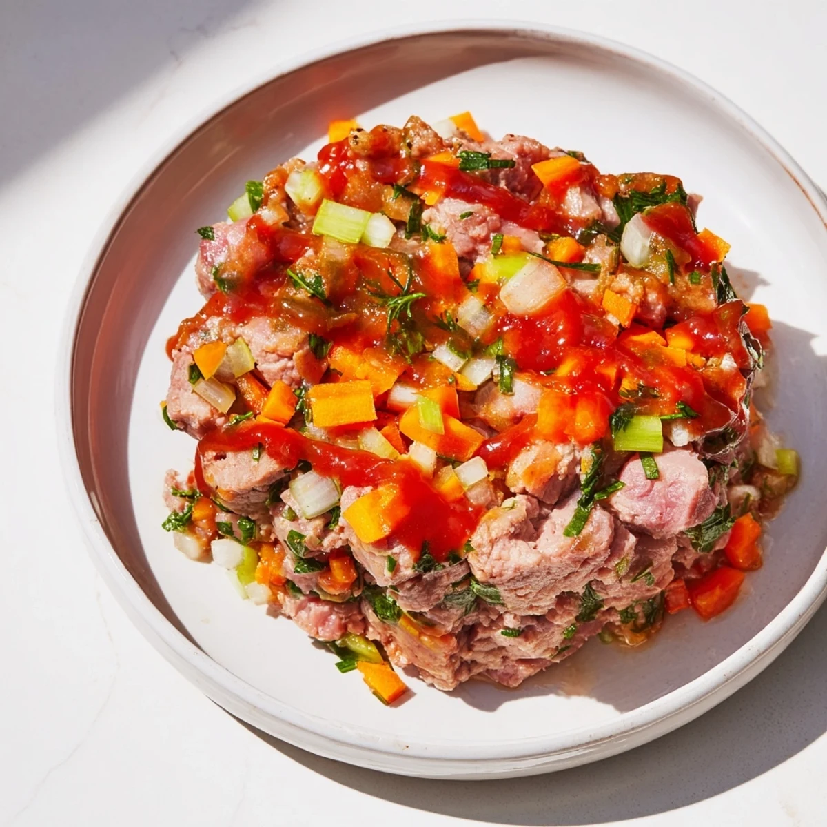 A close-up of a homemade Everyday Herb-Sprigged Turkey Meatloaf, sliced and ready to serve with sides.