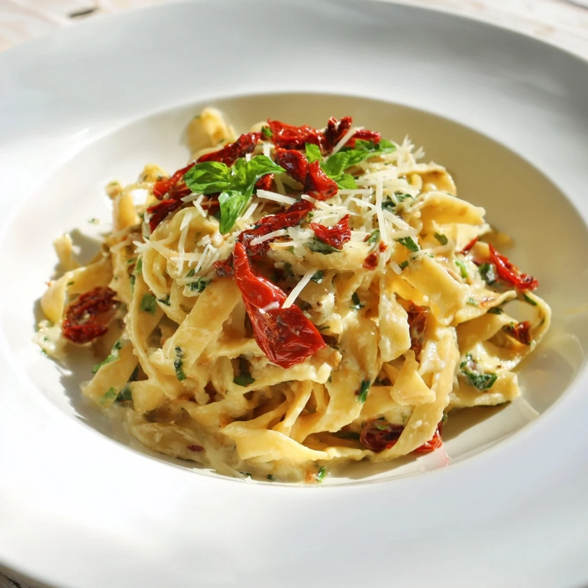 One-Pot Creamy Tuscan Garlic Herb Pasta, a warm, inviting bowl of creamy, herb-infused pasta.