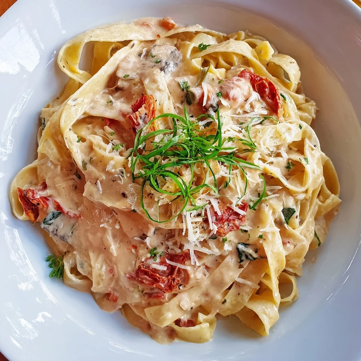 This photo features the delicious One-Pot Creamy Tuscan Garlic Herb Pasta, ready to serve with fresh basil garnish.