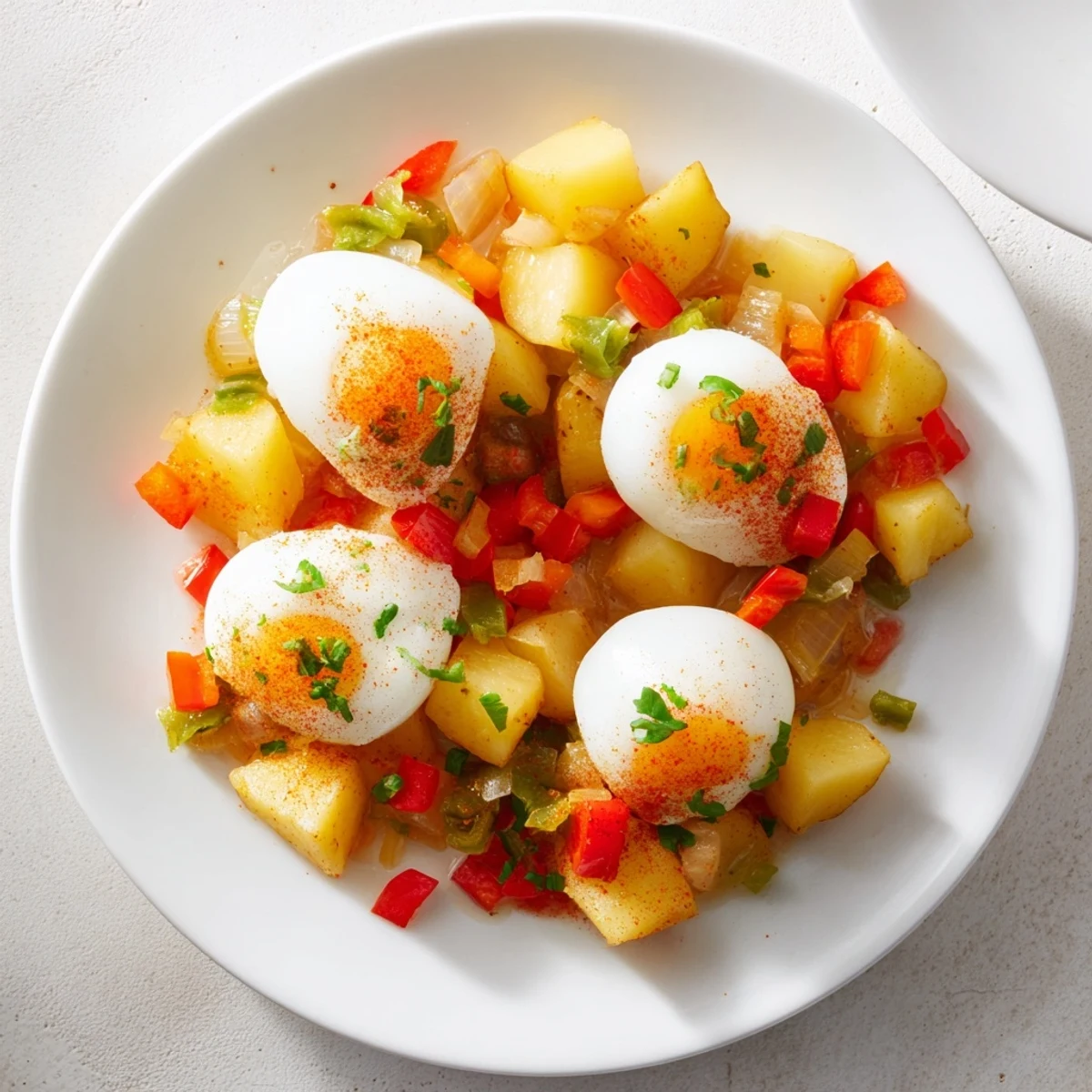 Golden potatoes, peppers, and eggs cooked in a skillet: a Simple Skillet Egg and Potato Hash.