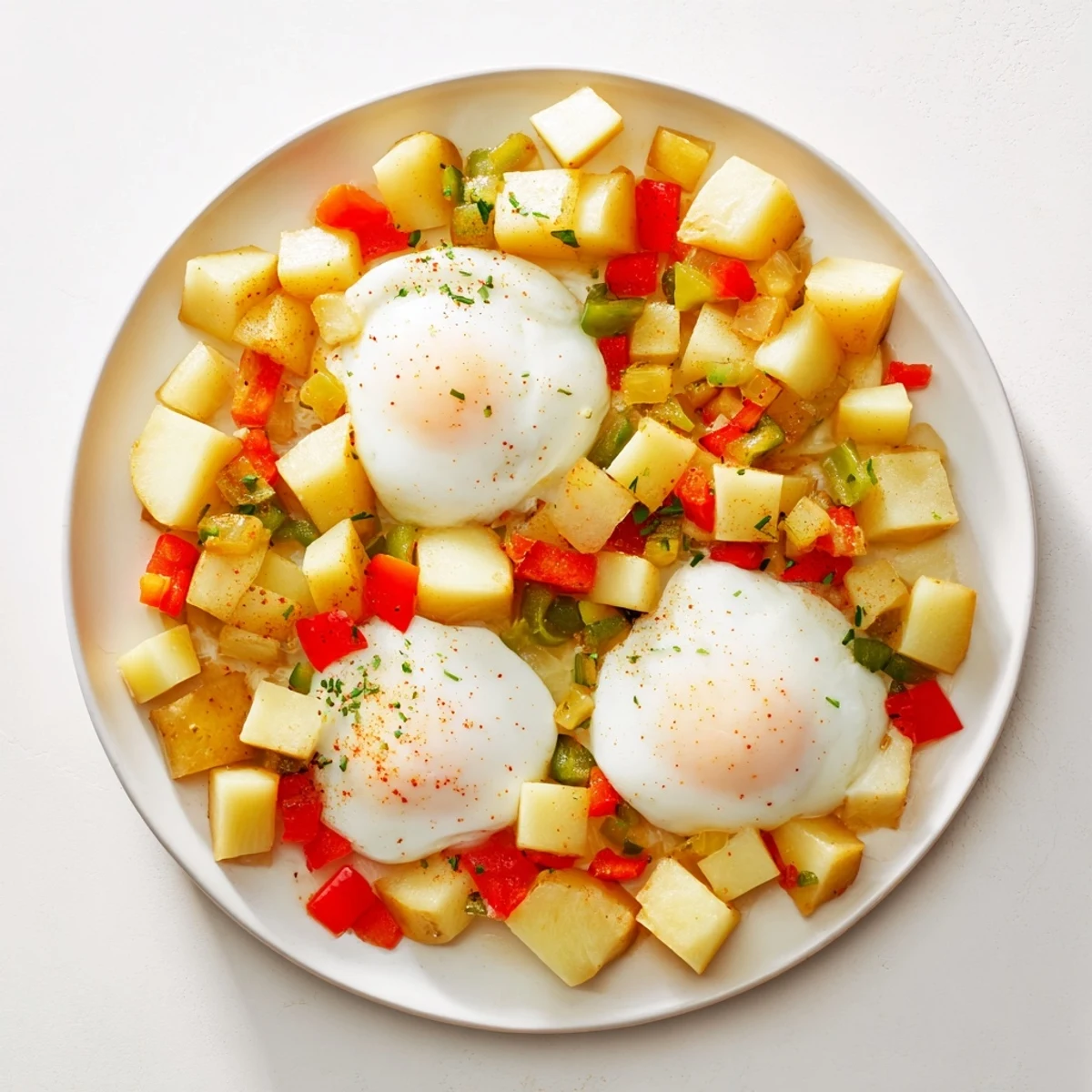Sizzling Simple Skillet Egg and Potato Hash, with a bright yolk nestled among the vegetables.