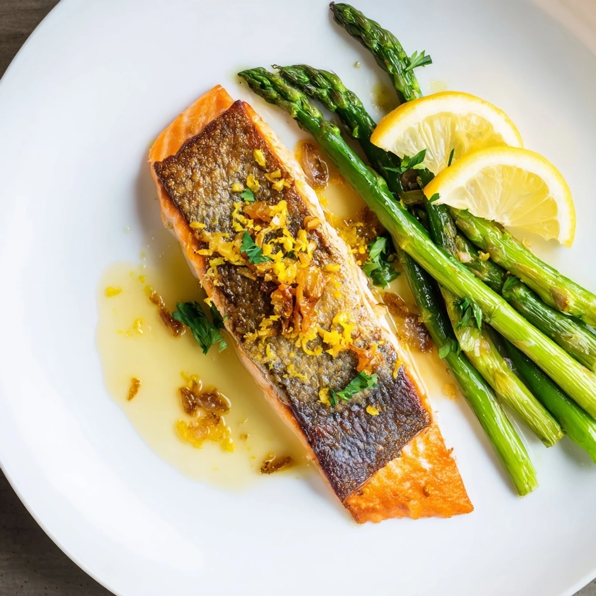 Golden-brown skillet lemon-butter salmon with tender asparagus, a complete and flavorful meal.