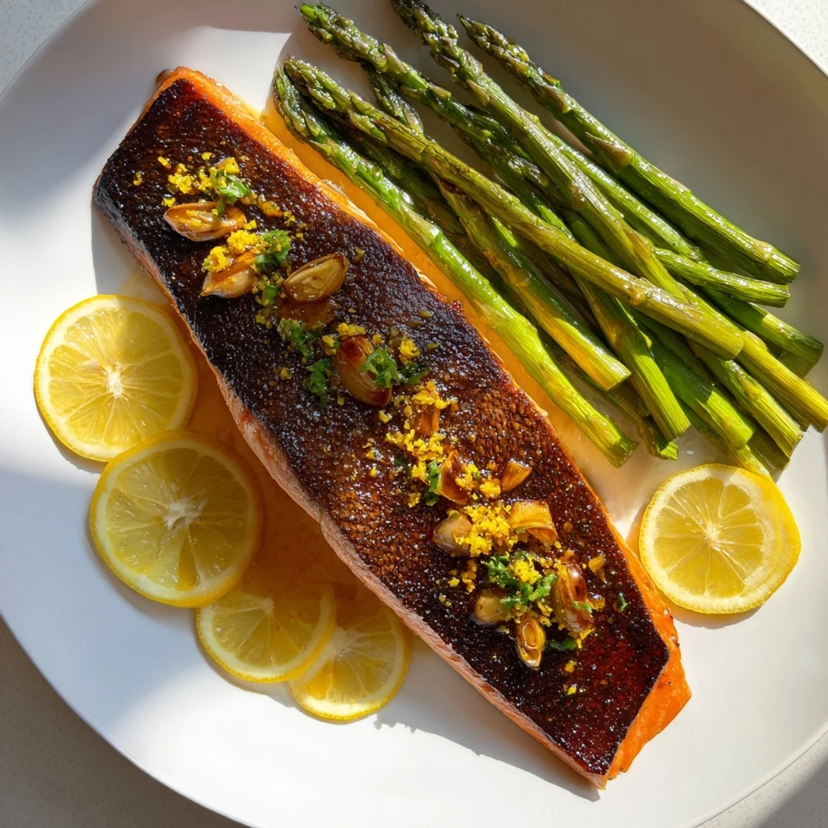 Freshly cooked skillet lemon-butter salmon glistening with a lemon-garlic sauce, ready to serve.