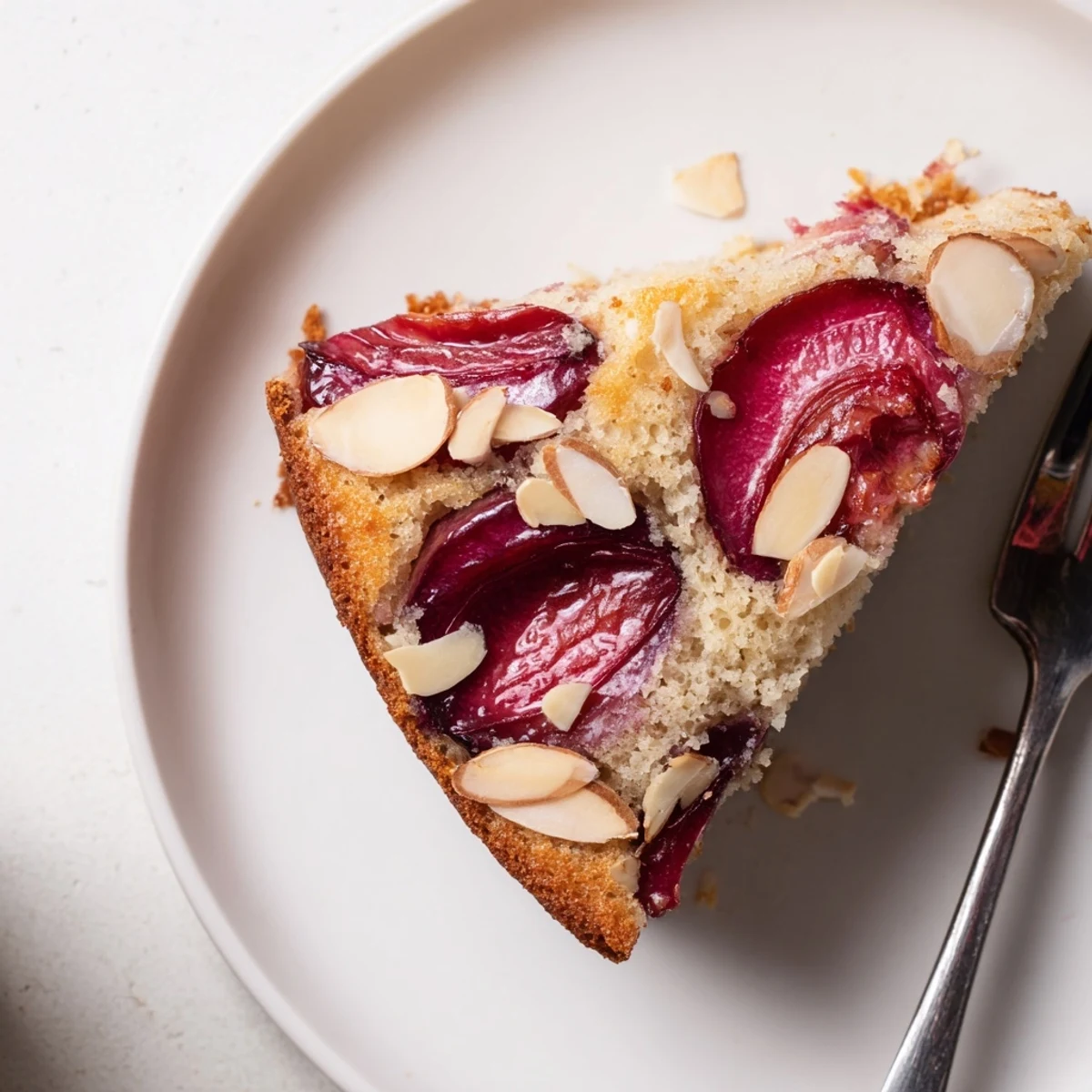 Warm slice of Soft Sweet Plum-Infused Almond Cake, showcasing juicy plums and golden crust.