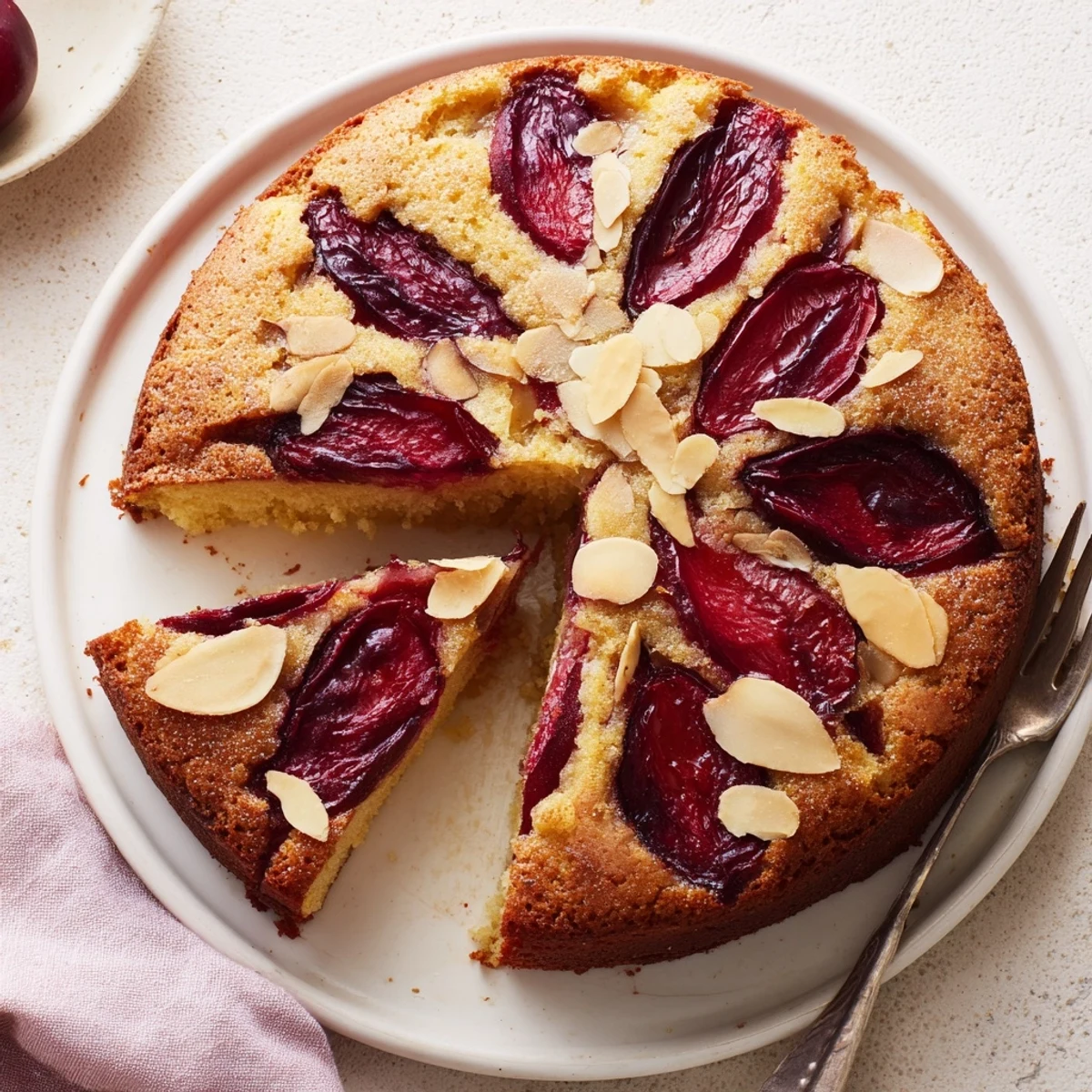 A beautiful cross-section of Soft Sweet Plum-Infused Almond Cake, with tender crumb and plum slices.