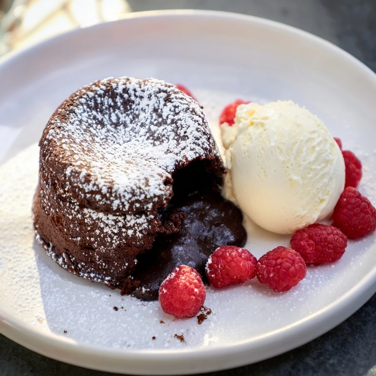 A close-up shot of steaming cocoa-warm dark chocolate lava cakes, perfect for a cozy treat.