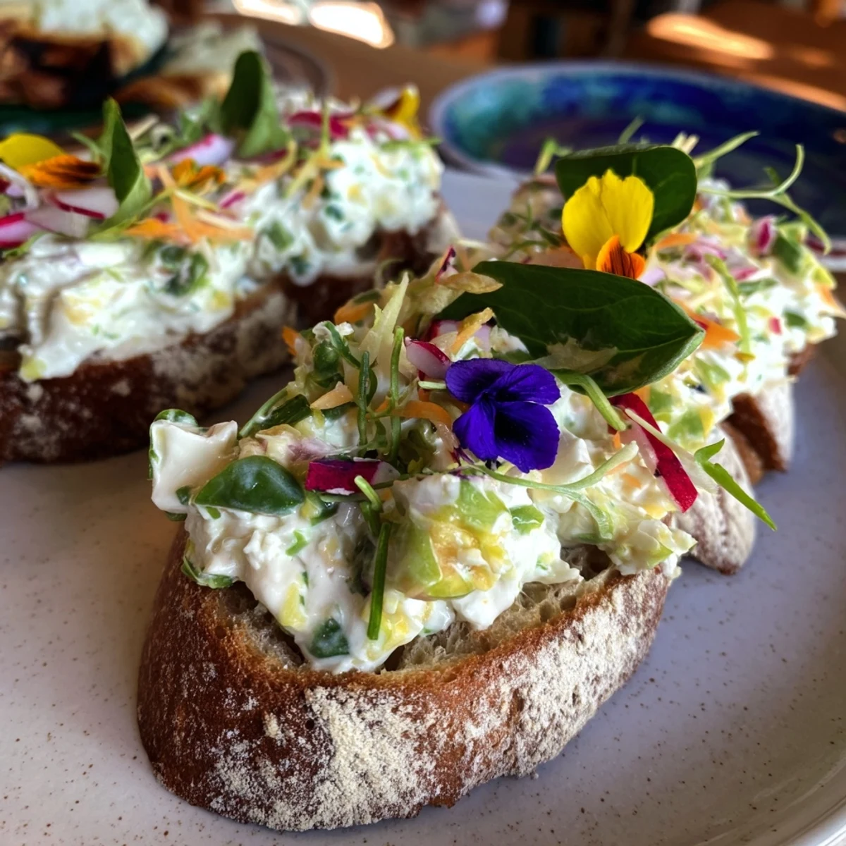 Fresh Meadow Garden Vegetable Tartines: colorful garden vegetables artfully arranged on toasted bread, ready to enjoy.