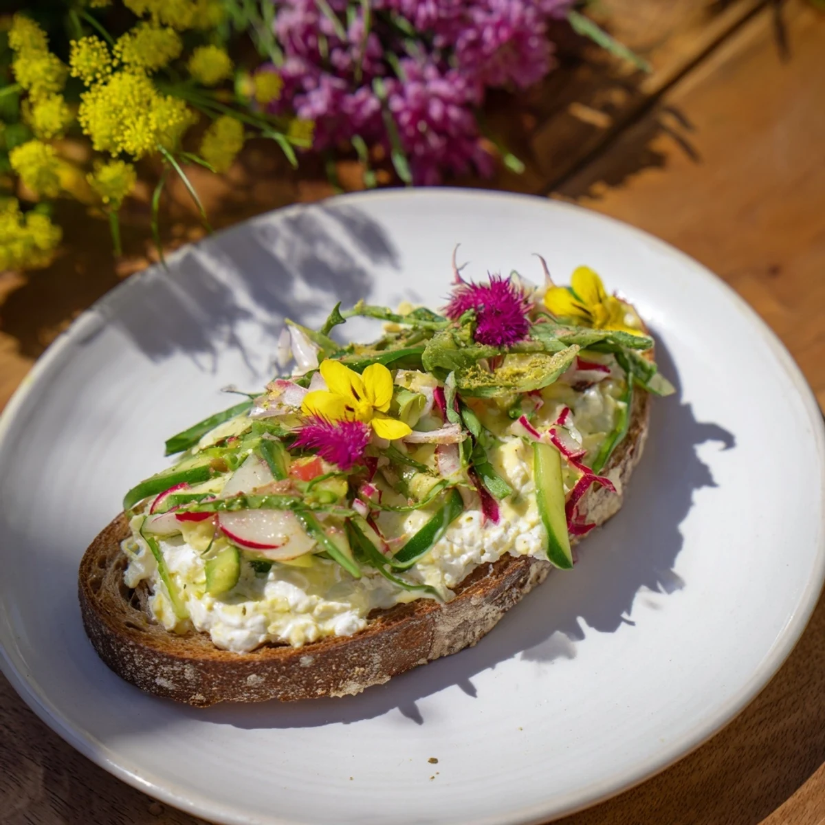Bright, fresh Fresh Meadow Garden Vegetable Tartines showcase colorful veggies over creamy cheese, a perfect light meal.