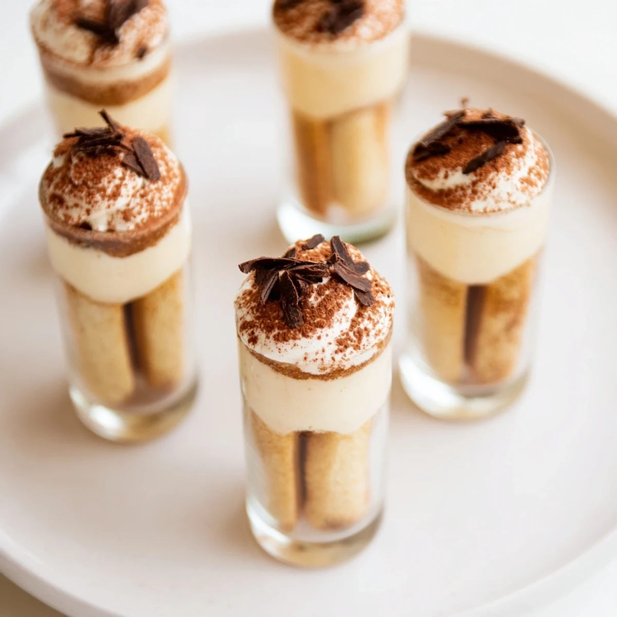 Close-up of decadent Countdown Tiramisu Shots, garnished with cocoa dust, ready for a sweet treat.