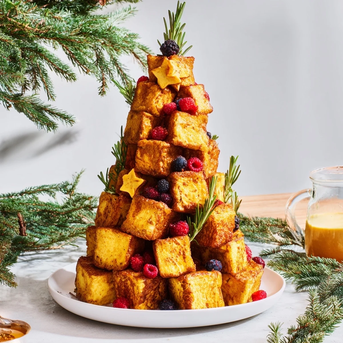 Golden-brown Eggnog French Toast Bites forming a delightful holiday tree, ready to drizzle with syrup.