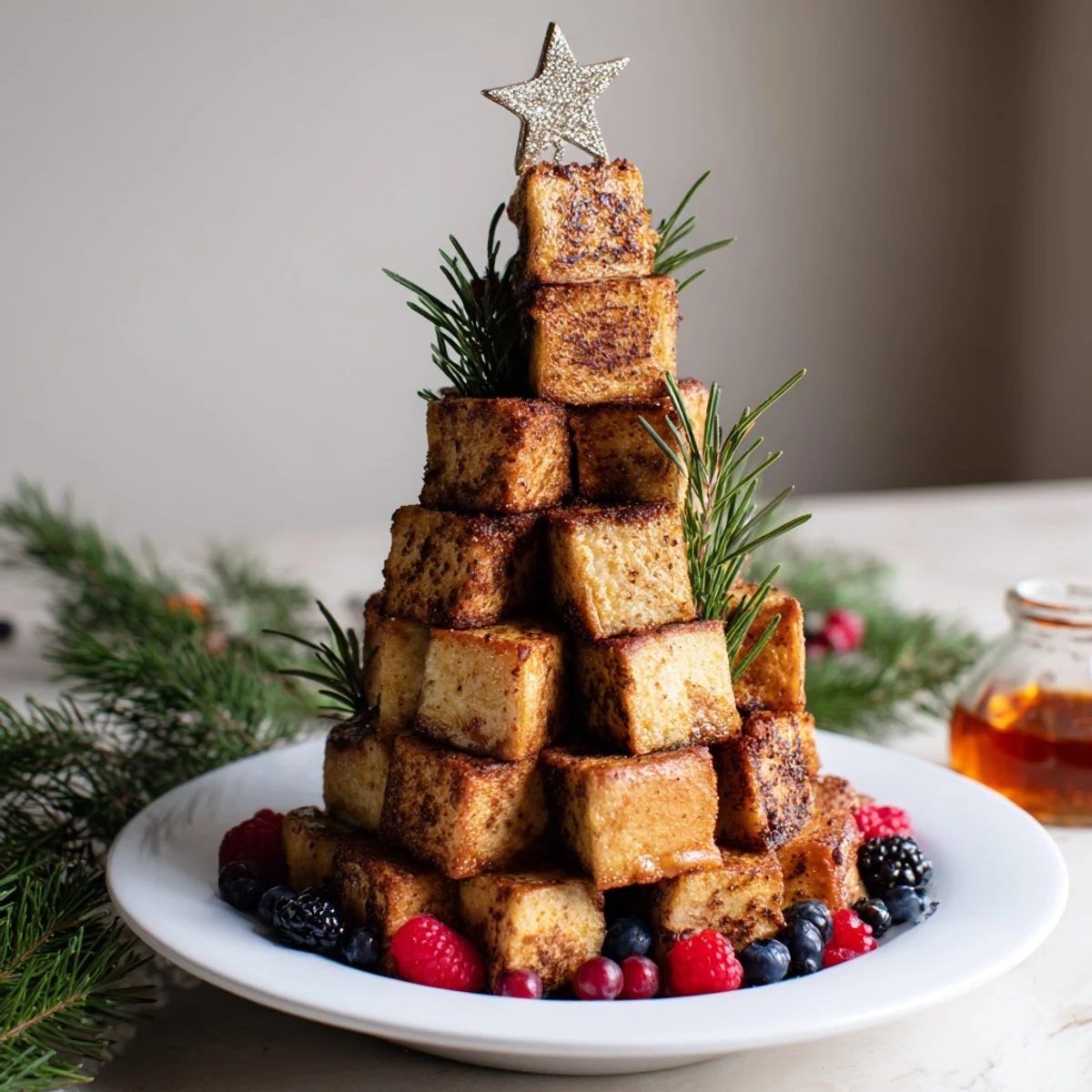 A festive view of Eggnog French Toast Bites, beautifully stacked with sugared berries for a brunch treat.