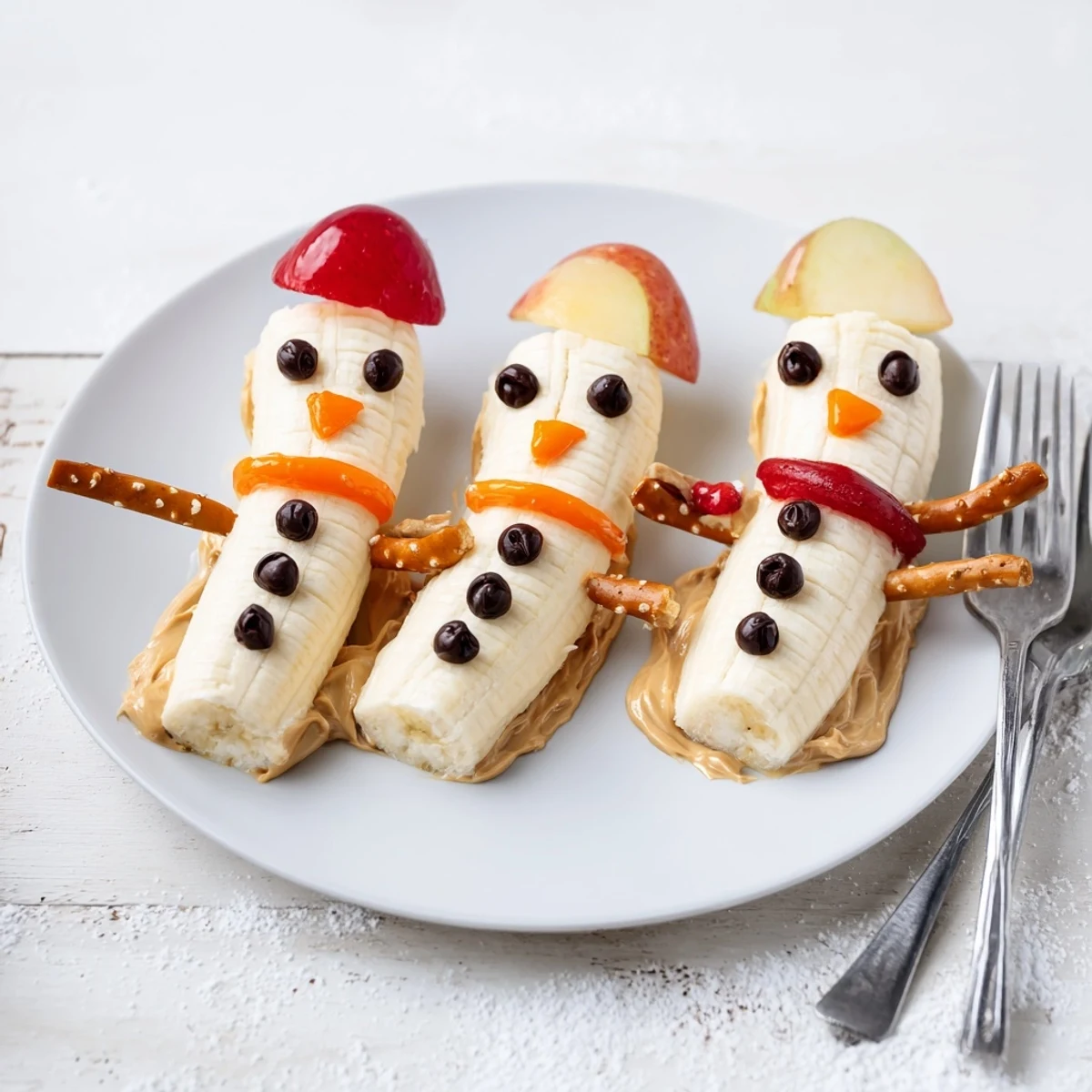 Festive Banana Peanut Butter Snowmen snack: bananas, peanut butter, and candy details for a kid-friendly treat.