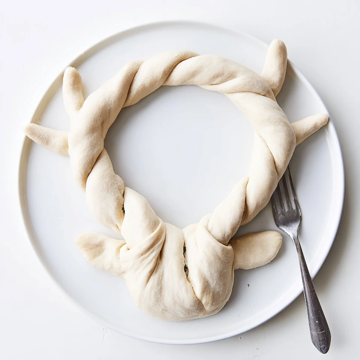 Homemade Reindeer Antler Spinach Dip Ring, with fresh spinach in a baked cheesy bread ring.