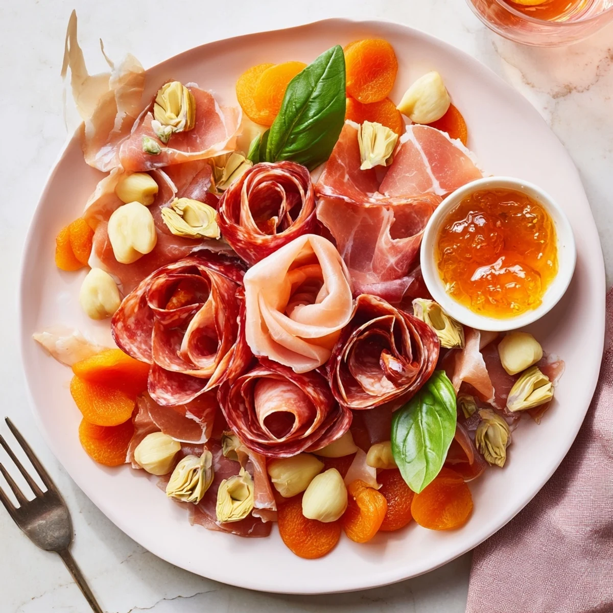 Beautiful close-up of the Prosciutto Rose Bouquet Board, showcasing savory meats and creamy cheeses.