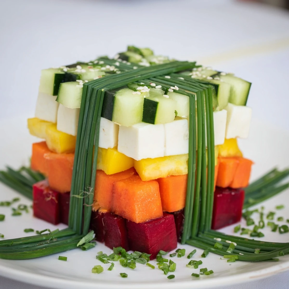 These beautiful Stacked Gift Box Veggie Cubes are garnished and perfect for a vegetarian snack spread.