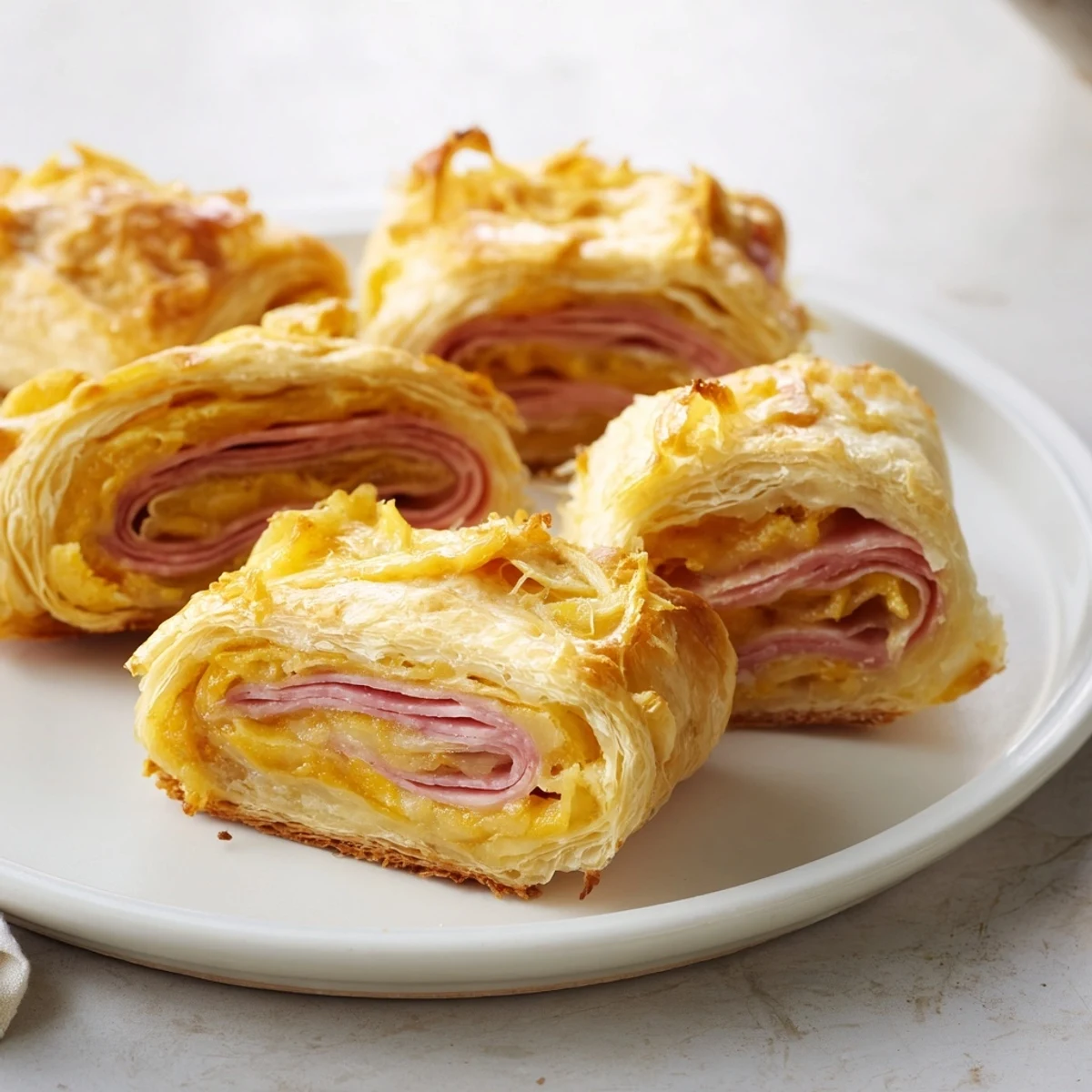 Golden brown Sliced Cheddar and Salami Scrolls, fresh from the oven, with melted cheese oozing.