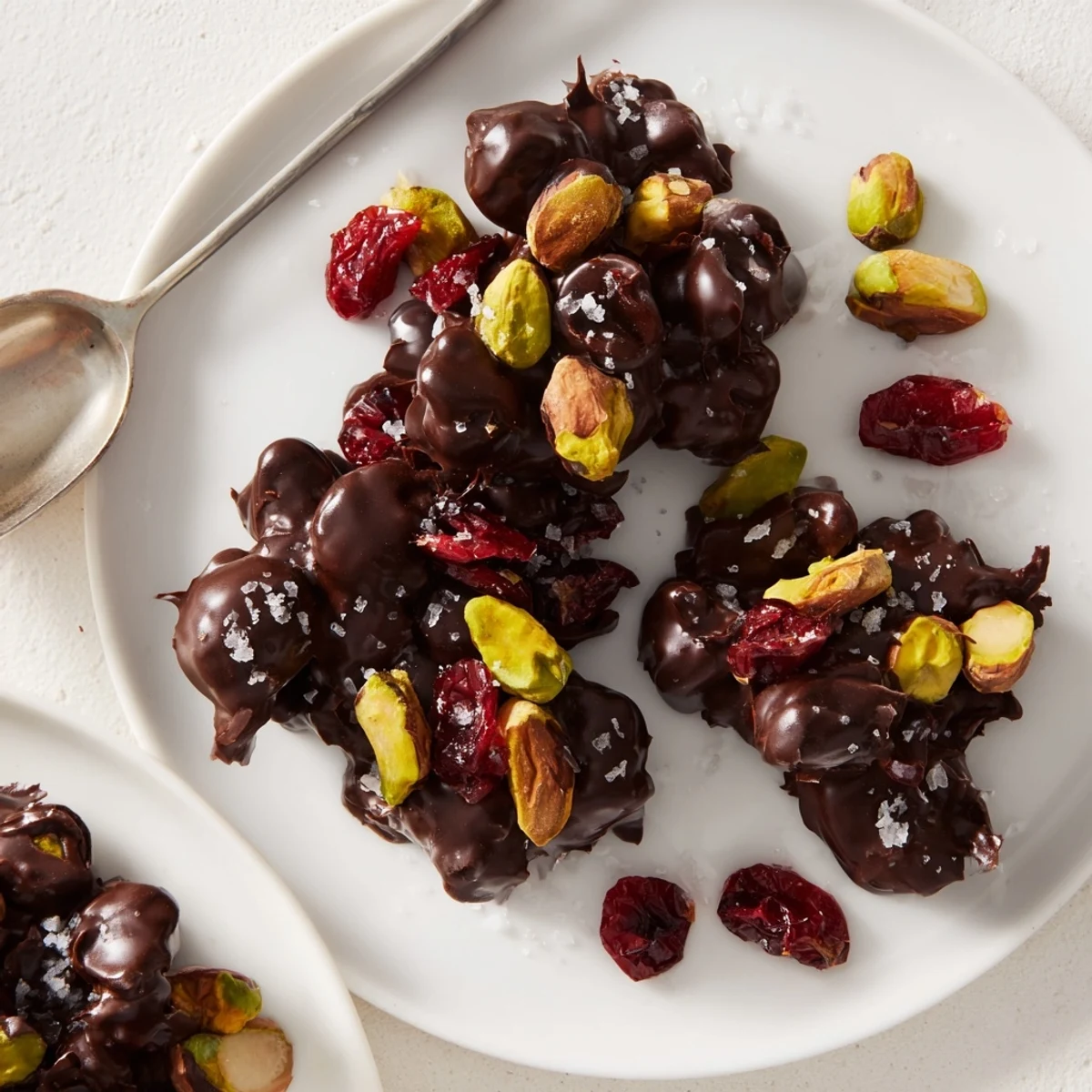 Arrangement of Pistachio and Dried Cranberry Clusters on a baking sheet, ready to cool.