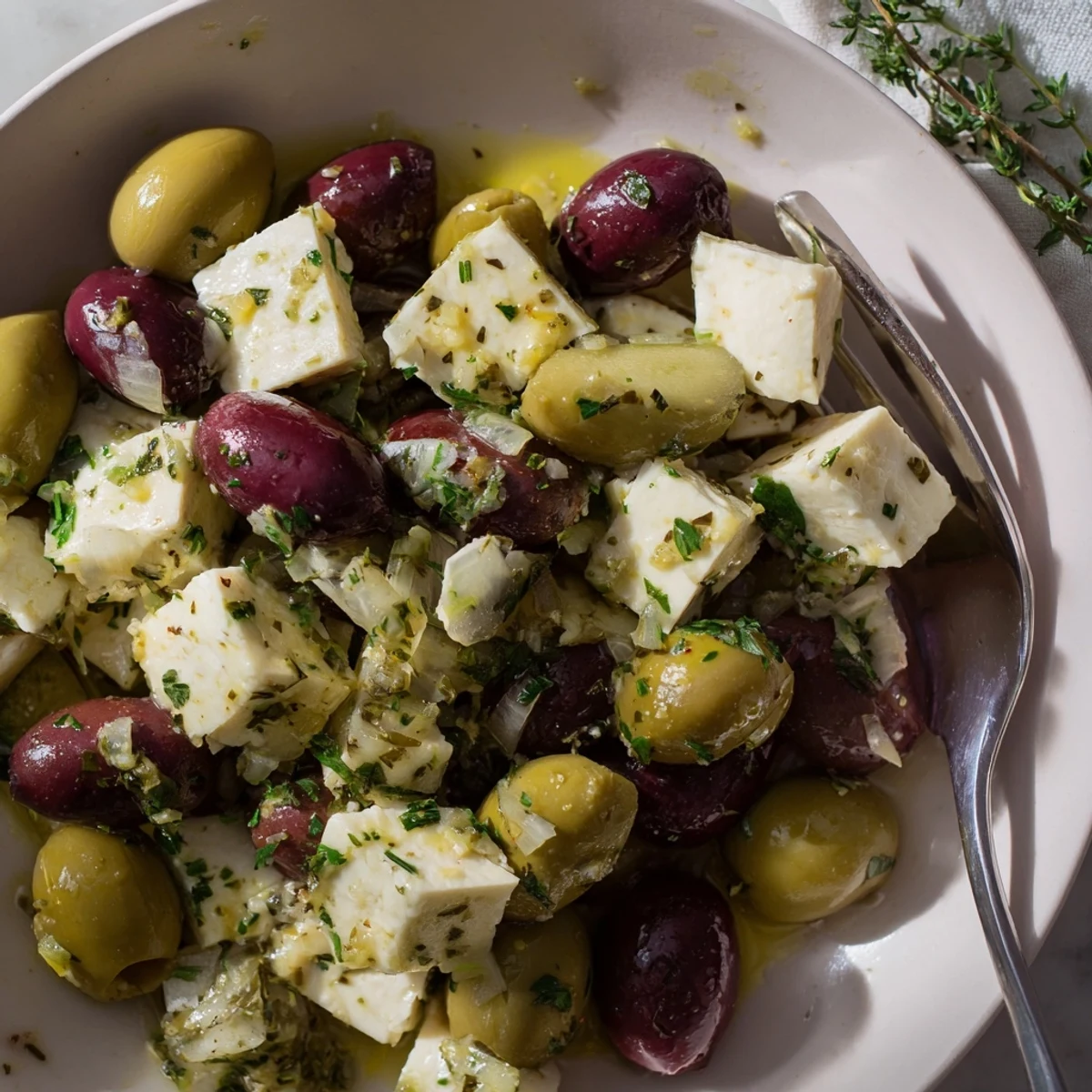 Holiday Mix of olives and feta, a colorful Mediterranean appetizer ready to serve.
