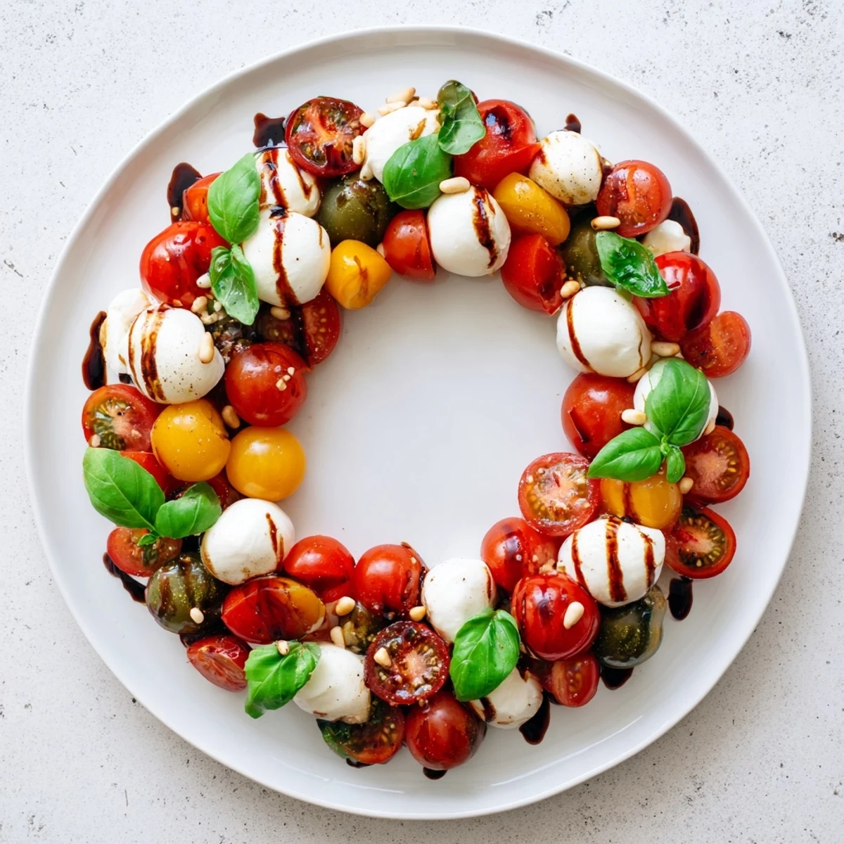 Vibrant Cherry Tomato and Basil Ring appetizer, a refreshing Mediterranean wreath with fresh mozzarella.