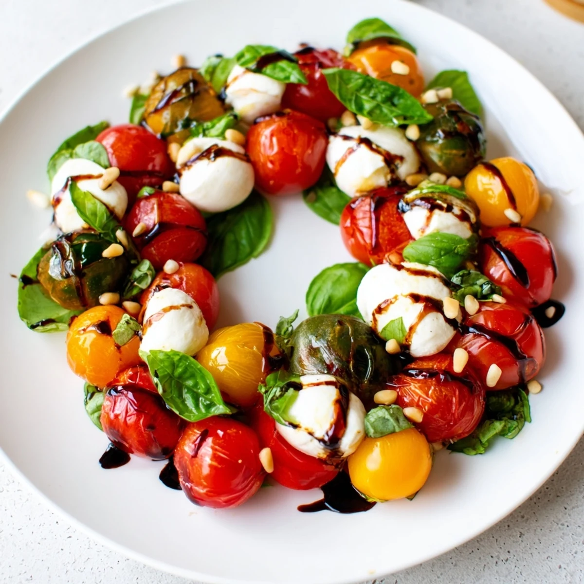 A close-up of the beautiful Cherry Tomato and Basil Ring boasts colorful tomatoes, creamy mozzarella, and basil.