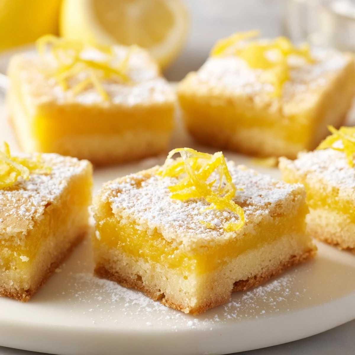 Golden, buttery lemon bars cut into inviting triangles, dusted with powdered sugar, ready to eat.