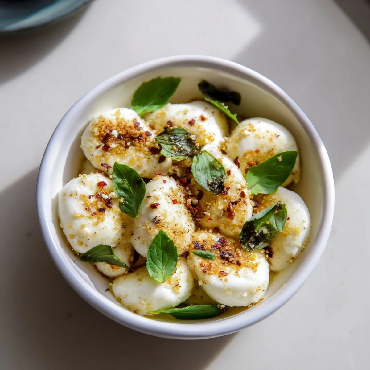 Creamy mozzarella pearls in a bowl, a simple Italian appetizer, ready to serve and enjoy.