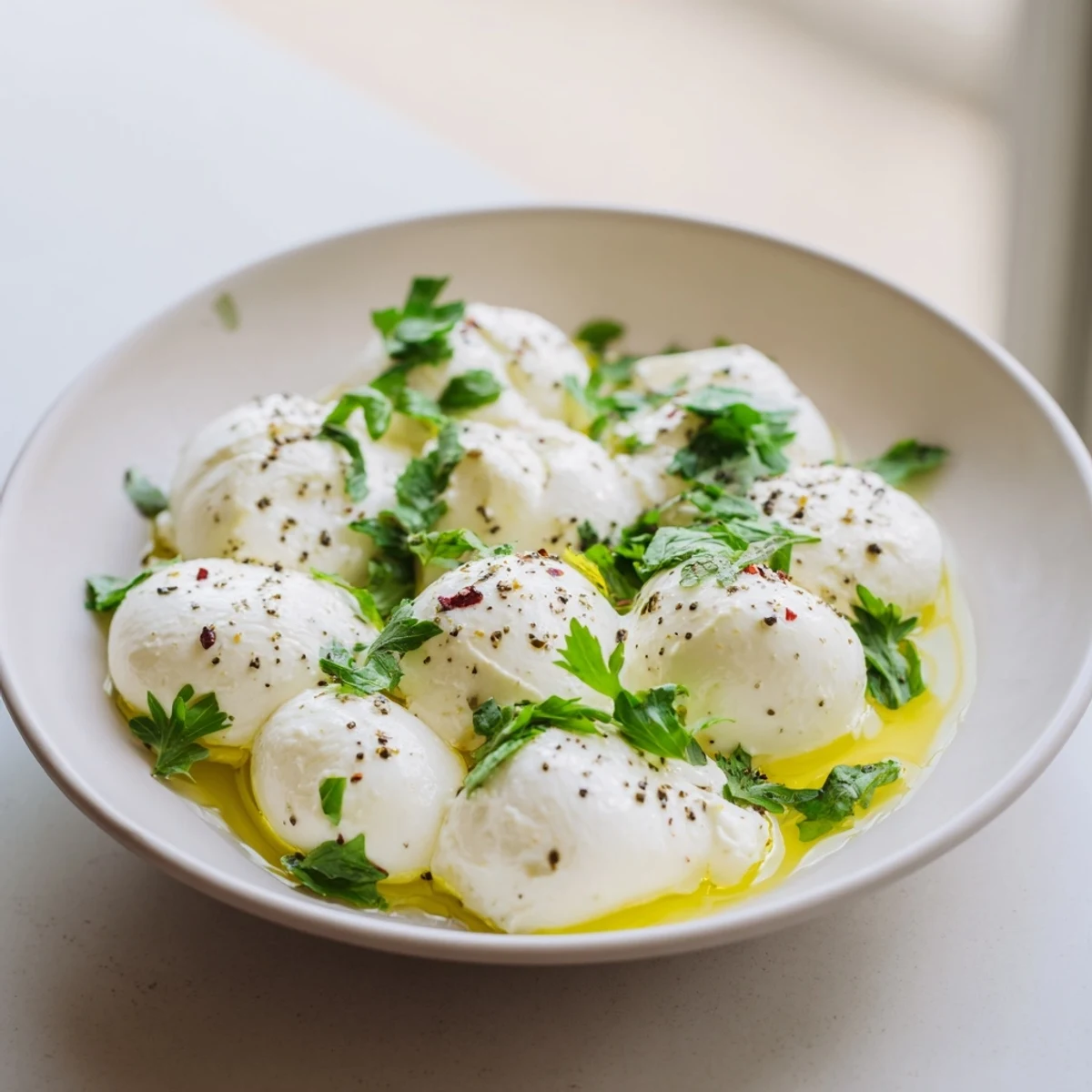Enjoy the light, flavorful taste of these simple mozzarella pearls, a perfect snack option.