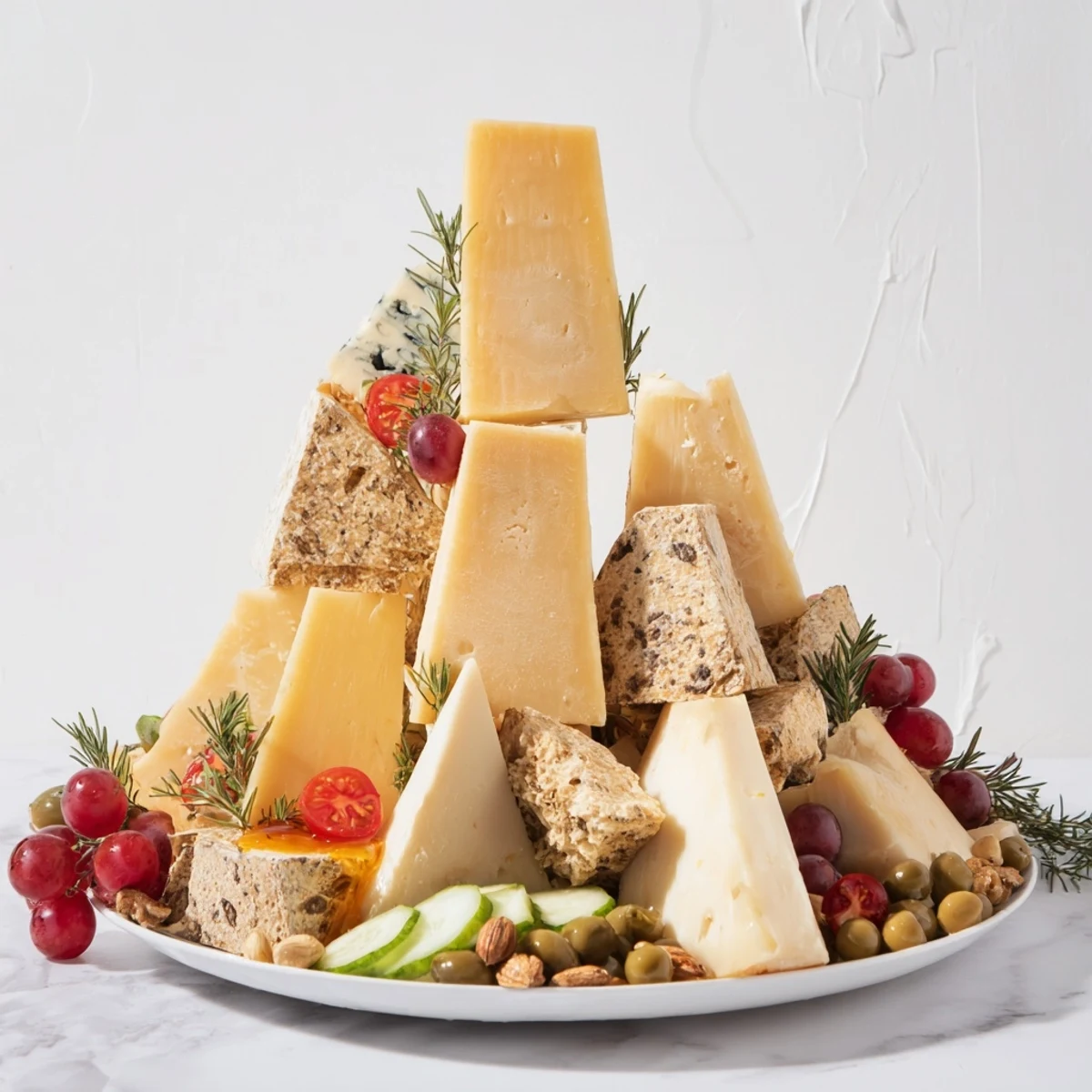 Sculptural Cheese Landscape featuring aged cheeses like a mountainous landscape with grapes and nuts.