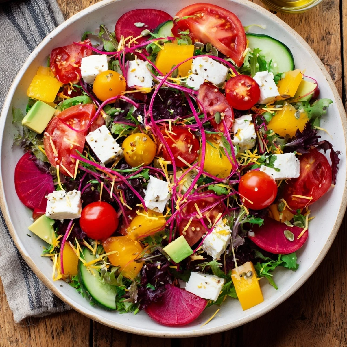 A beautiful, chaotic arrangement of an Abstract Expressionist Splash salad, perfect for a light lunch.