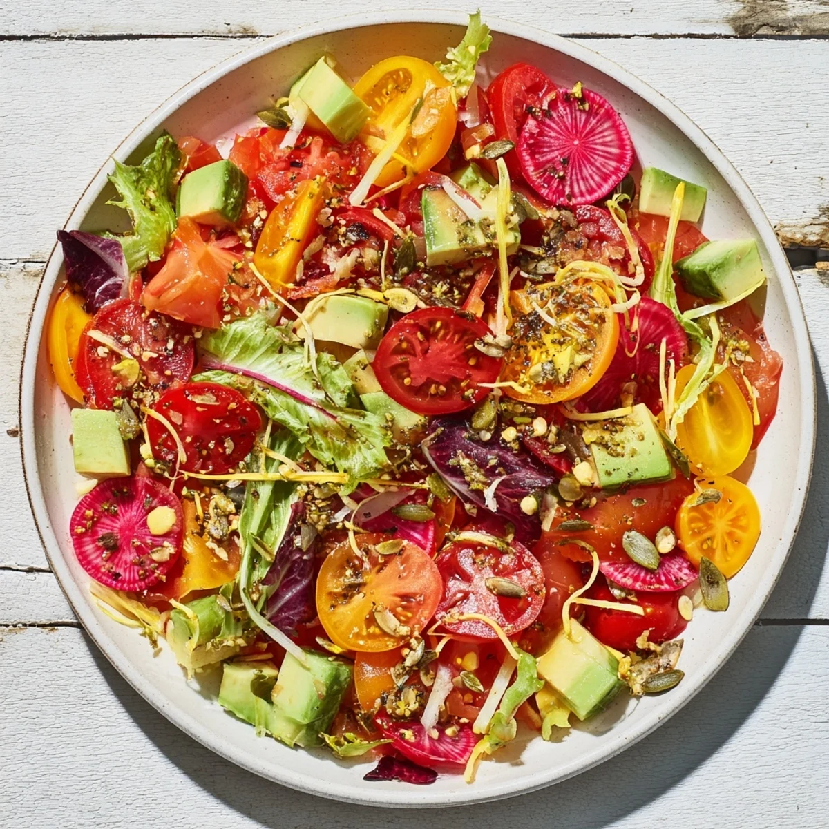 Fresh ingredients scattered across greens in an Abstract Expressionist Splash salad, ready to be dressed and served.