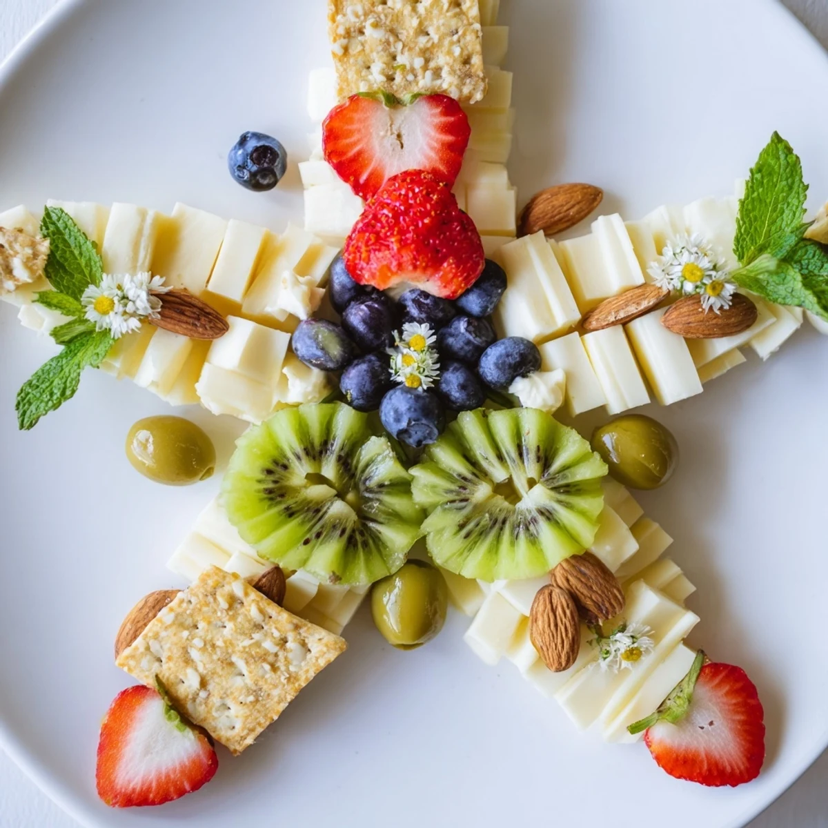 Elegant negative space puzzle appetizer platter: brie, grapes, and olives form a stunning design.